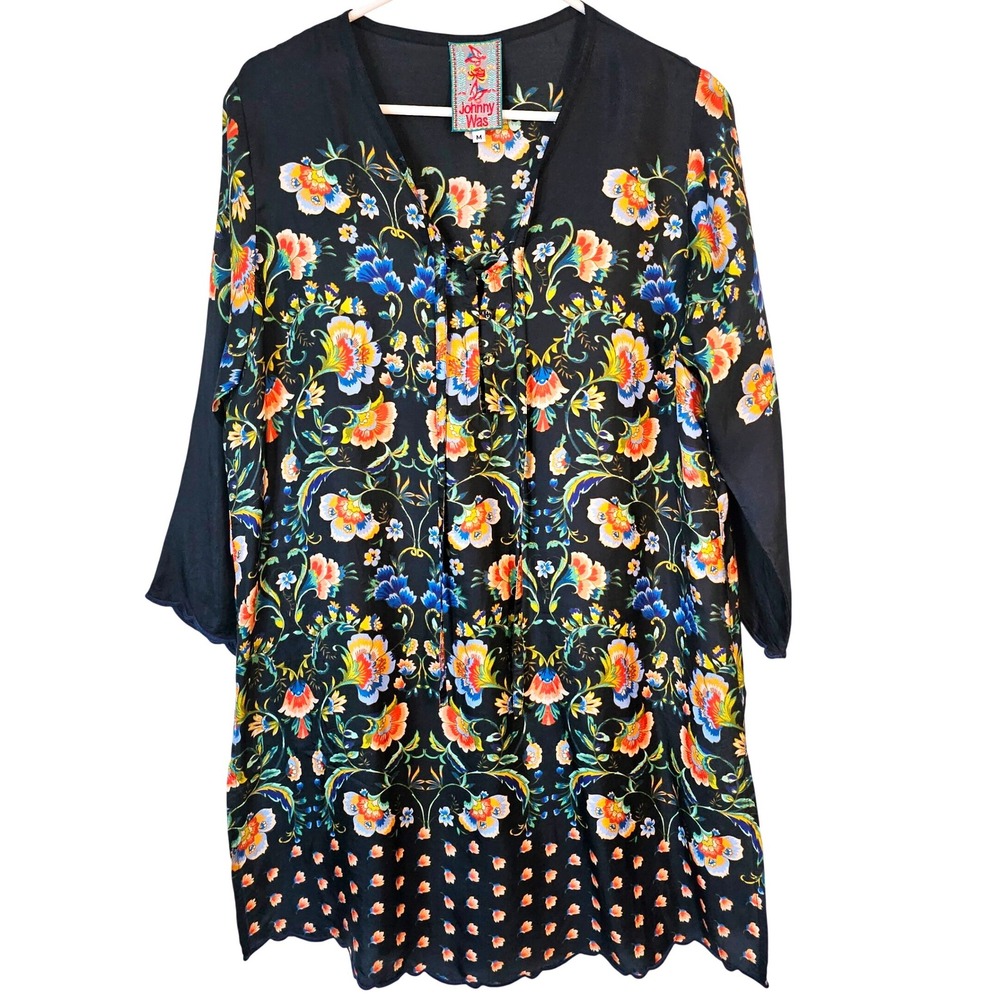 Johnny Was Silk Floral Print V Neck Tunic Dress Top Medium Button Black Vacation